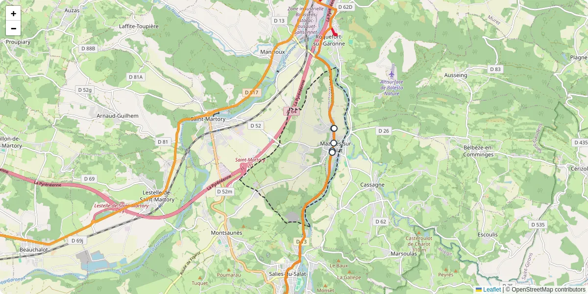 Carte du réseau de transport en commun à Mazères-sur-Salat - lignes de bus et arrêts