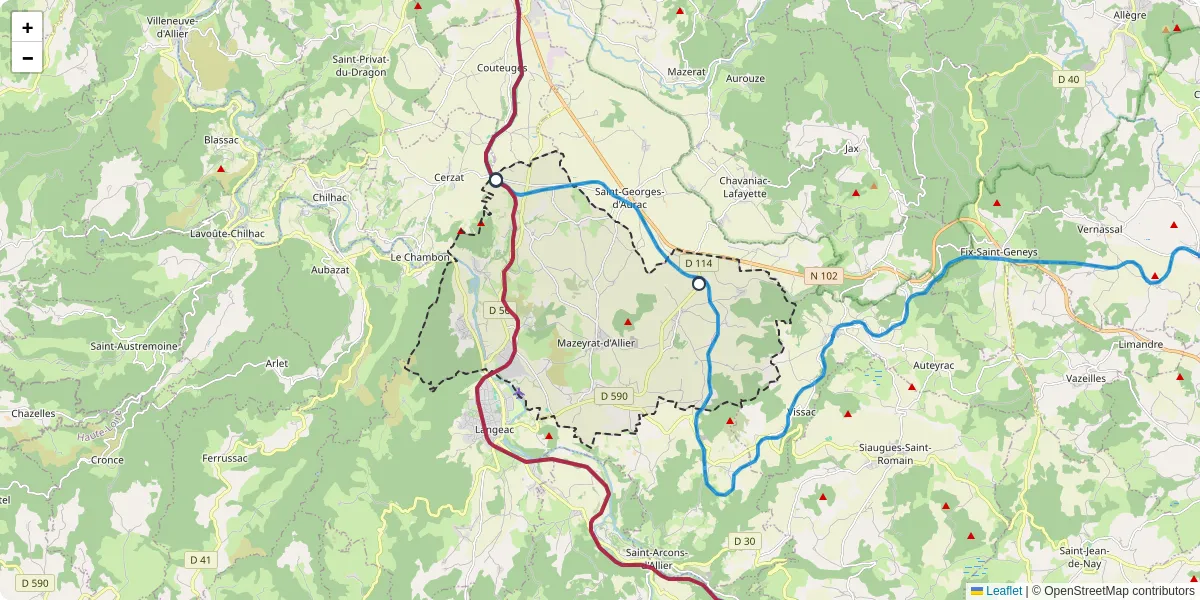 Carte du réseau de transport en commun à Mazeyrat-d'Allier - lignes de bus et arrêts