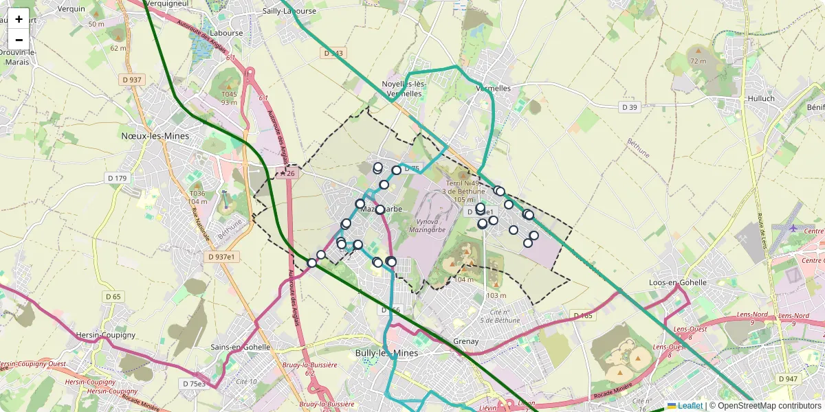 Carte du réseau de transport en commun à Mazingarbe - lignes de bus et arrêts