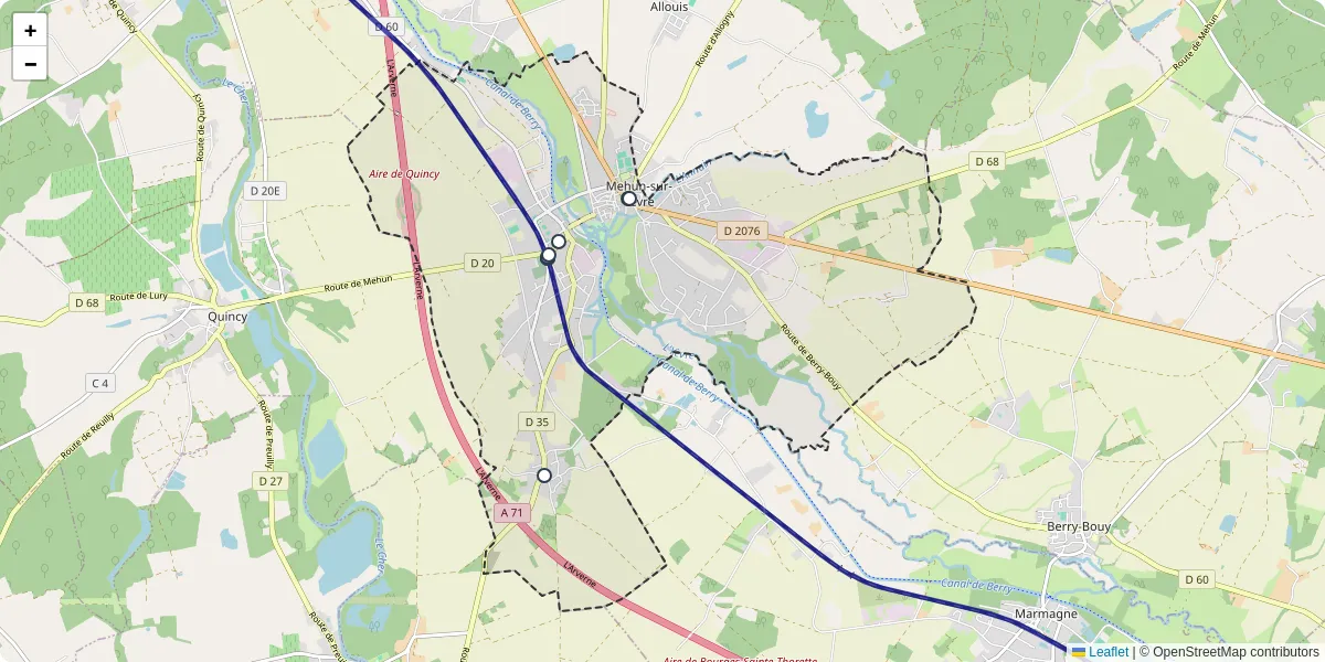Carte du réseau de transport en commun à Mehun-sur-Yèvre - lignes de bus et arrêts