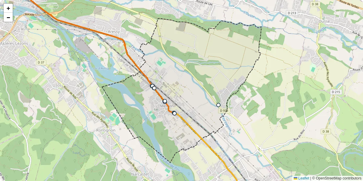 Carte du réseau de transport en commun à Meillon - lignes de bus et arrêts