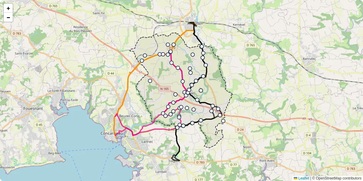 Carte du réseau de transport en commun à Melgven - lignes de bus et arrêts