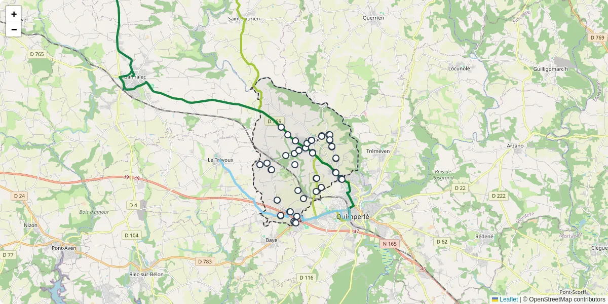 Carte du réseau de transport en commun à Mellac - lignes de bus et arrêts