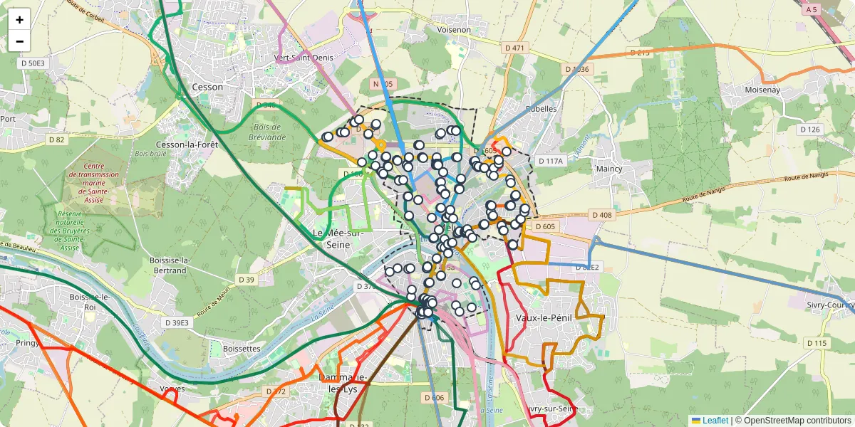 Carte du réseau de transport en commun à Melun - lignes de bus et arrêts