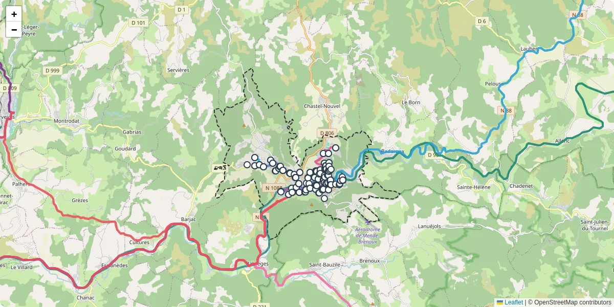 Carte du réseau de transport en commun à Mende - lignes de bus et arrêts