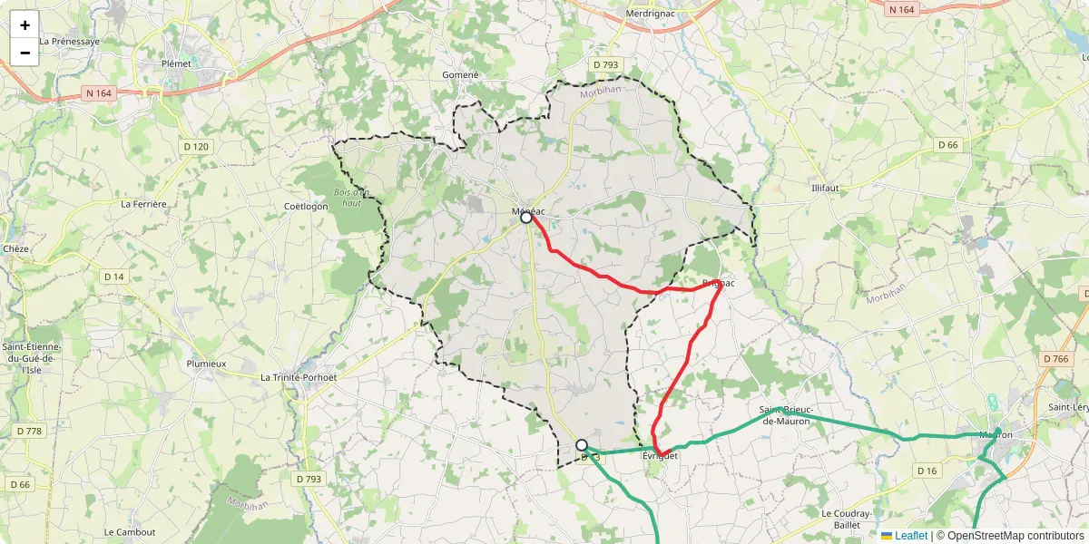 Carte du réseau de transport en commun à Ménéac - lignes de bus et arrêts