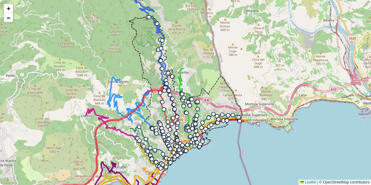 Carte du réseau de transport en commun à Menton - lignes de bus et arrêts