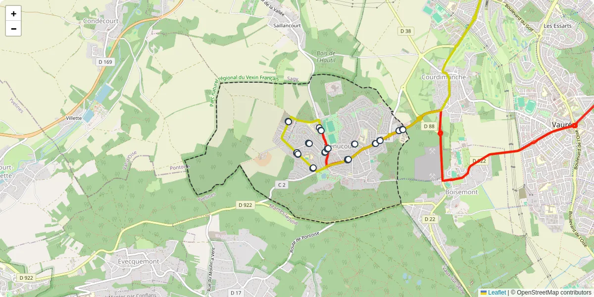 Carte du réseau de transport en commun à Menucourt - lignes de bus et arrêts