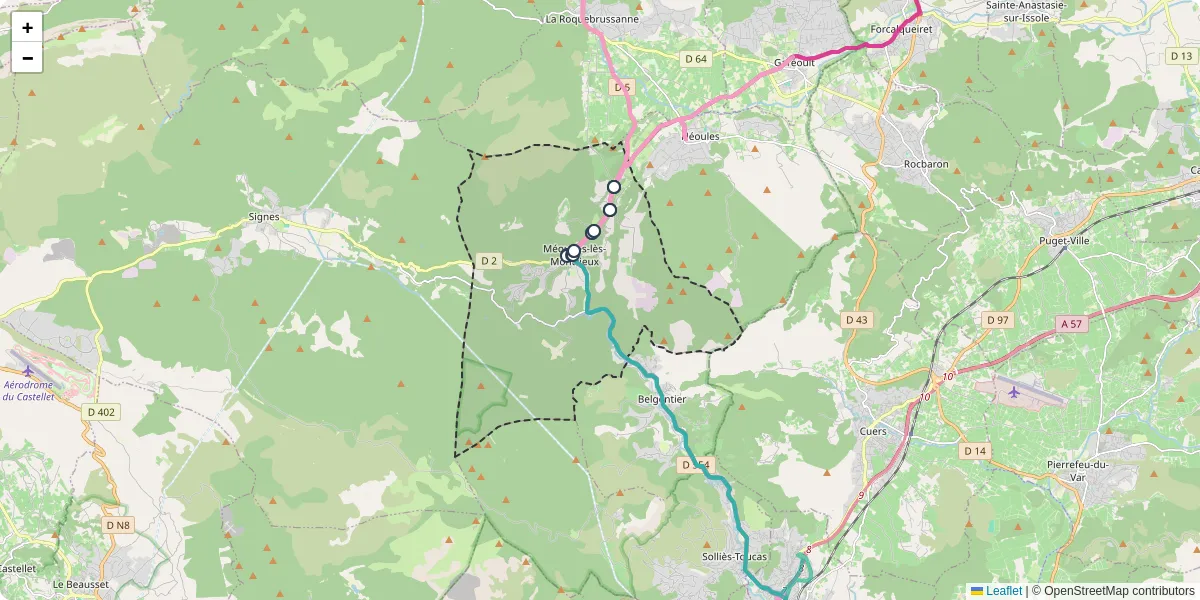 Carte du réseau de transport en commun à Méounes-lès-Montrieux - lignes de bus et arrêts