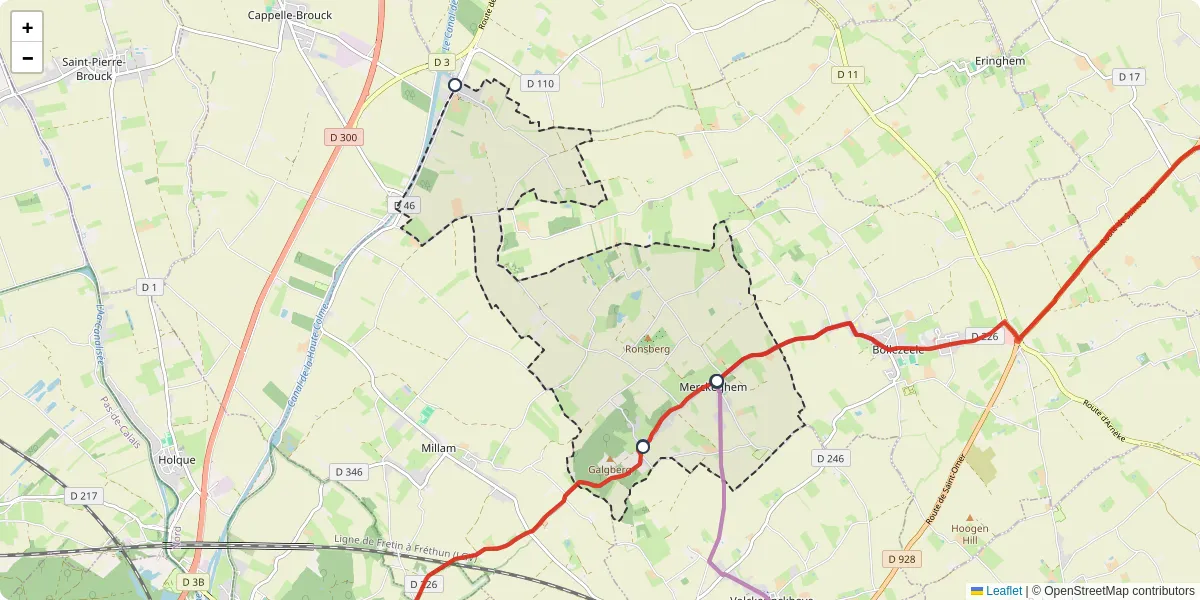 Carte du réseau de transport en commun à Merckeghem - lignes de bus et arrêts