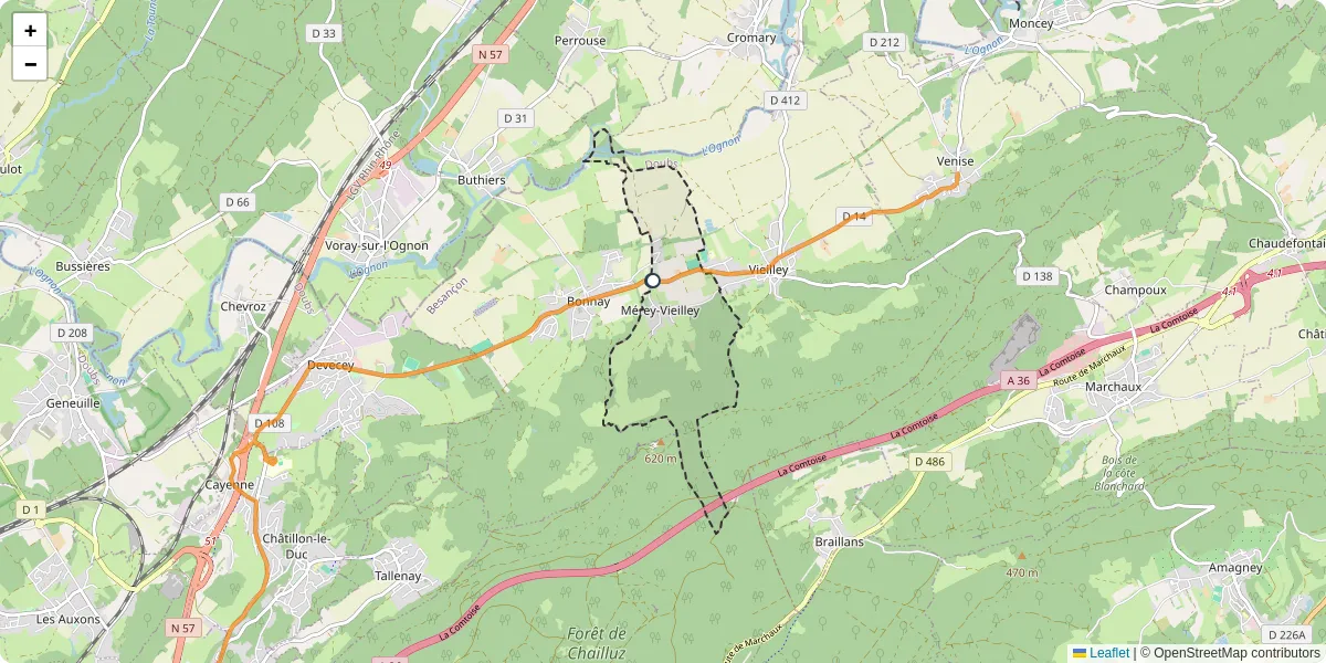 Carte du réseau de transport en commun à Mérey-Vieilley - lignes de bus et arrêts