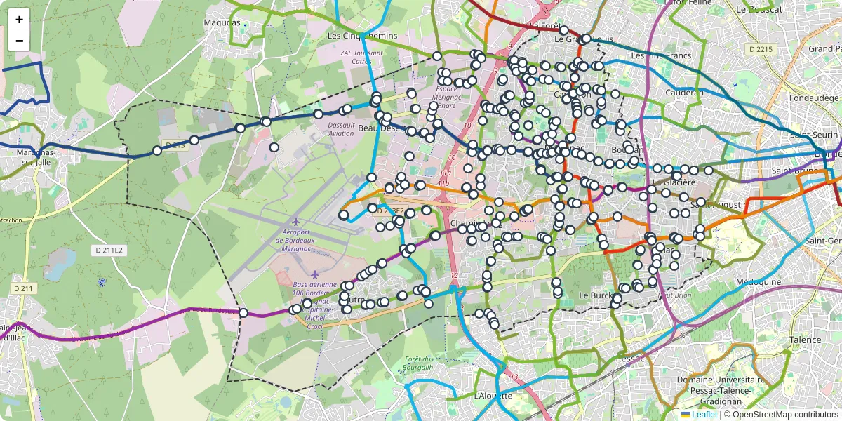 Carte du réseau de transport en commun à Mérignac - lignes de bus et arrêts