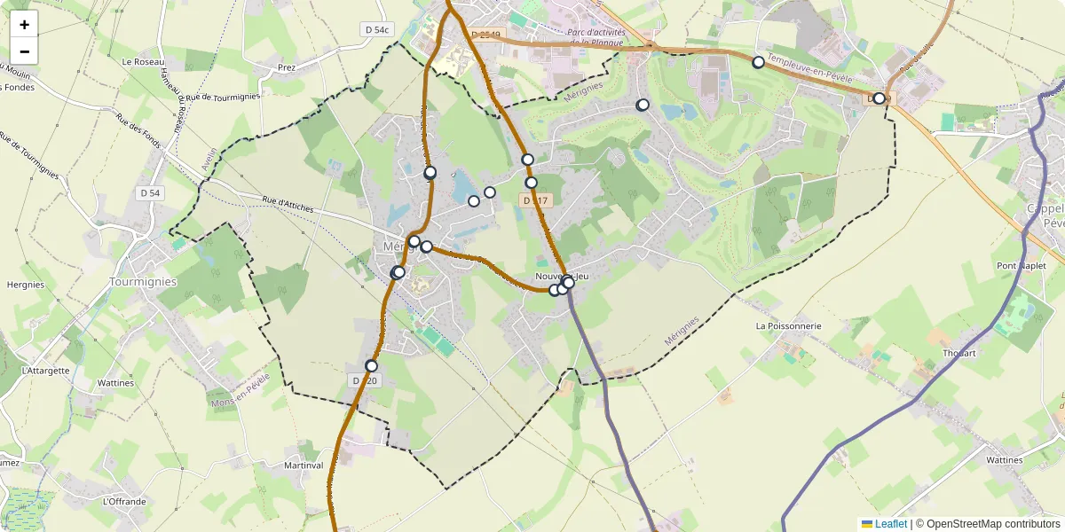 Carte du réseau de transport en commun à Mérignies - lignes de bus et arrêts