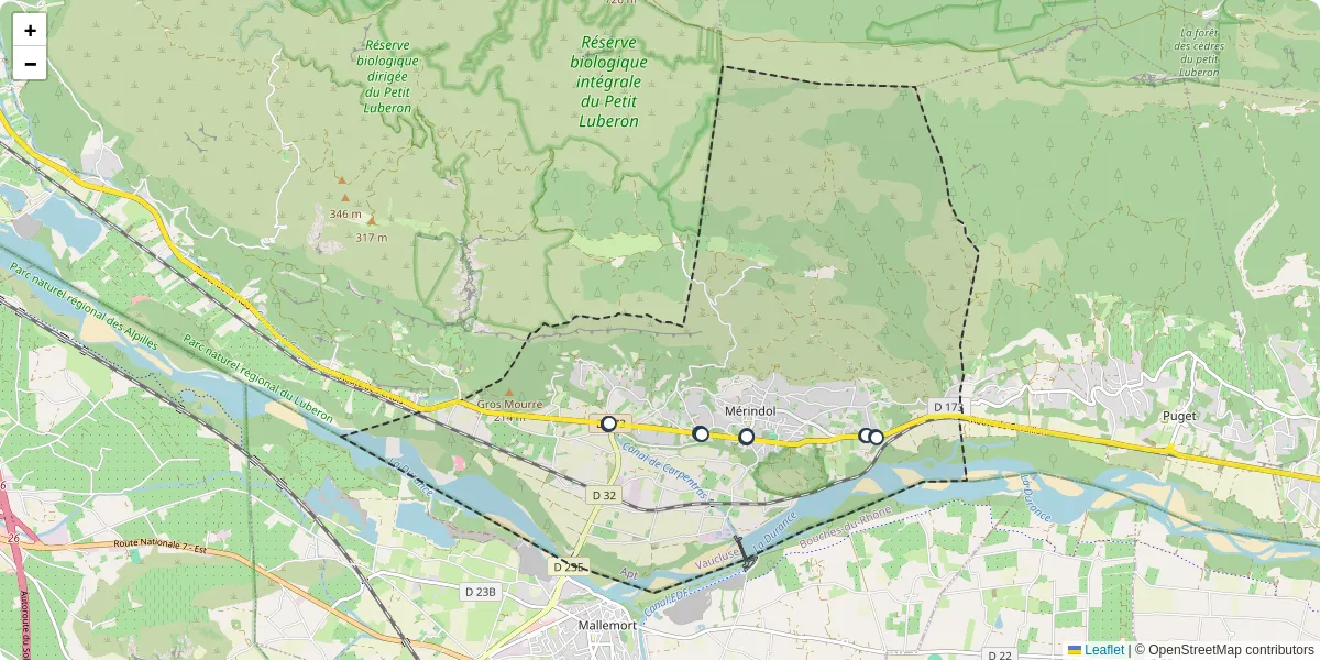 Carte du réseau de transport en commun à Mérindol - lignes de bus et arrêts