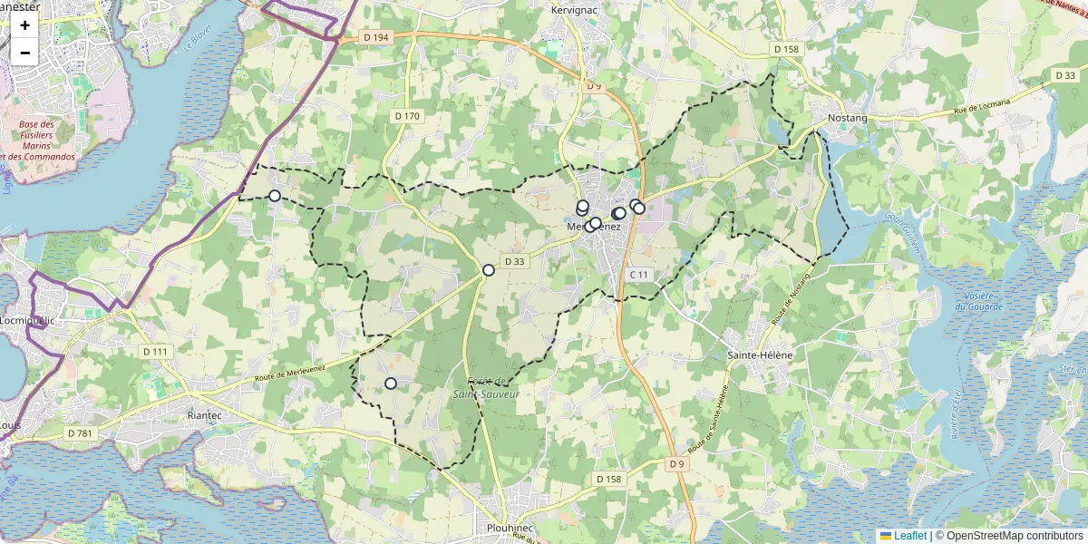 Carte du réseau de transport en commun à Merlevenez - lignes de bus et arrêts