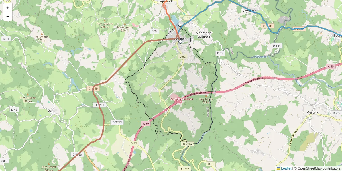 Carte du réseau de transport en commun à Merlines - lignes de bus et arrêts