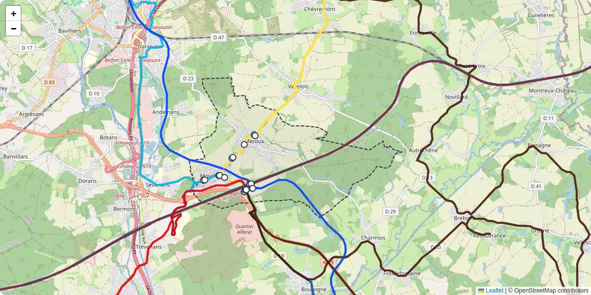 Carte du réseau de transport en commun à Meroux-Moval - lignes de bus et arrêts