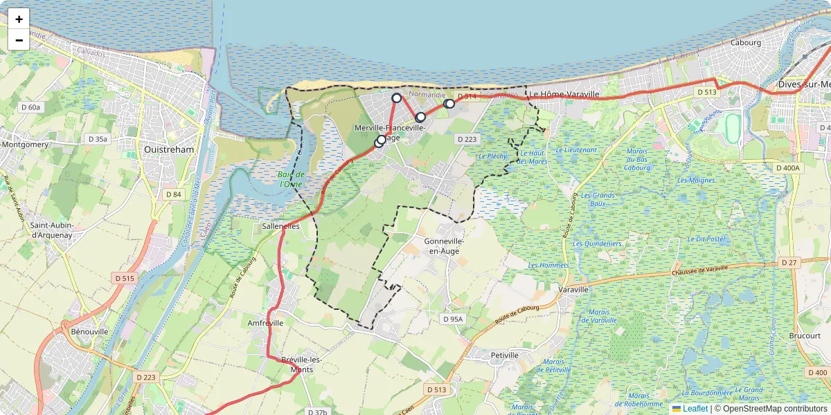 Carte du réseau de transport en commun à Merville-Franceville-Plage - lignes de bus et arrêts