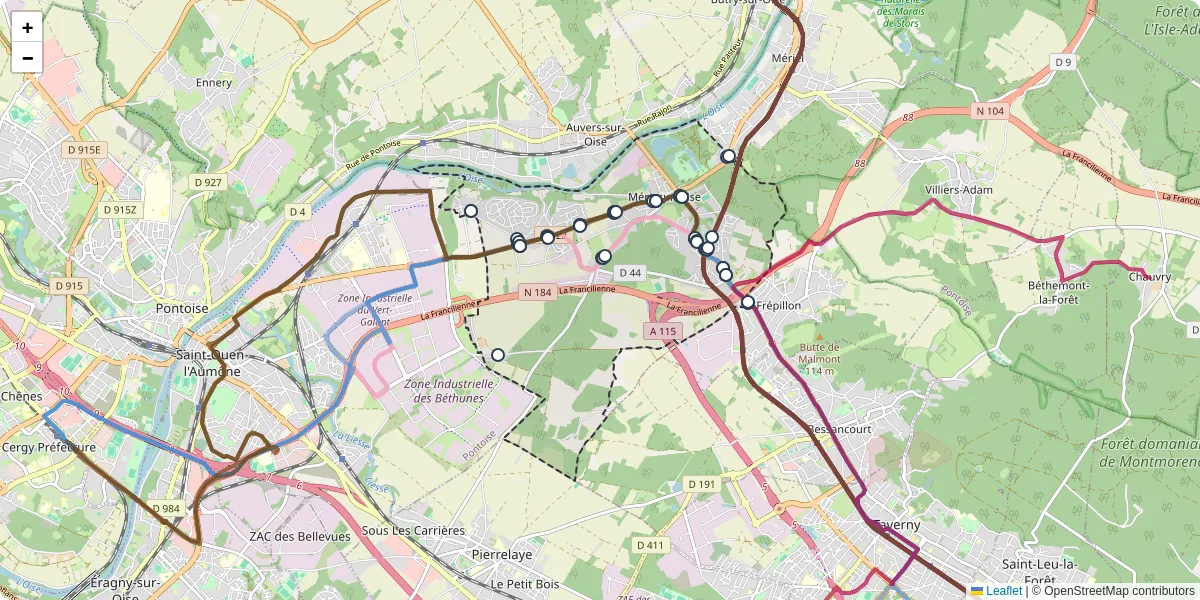 Carte du réseau de transport en commun à Méry-sur-Oise - lignes de bus et arrêts