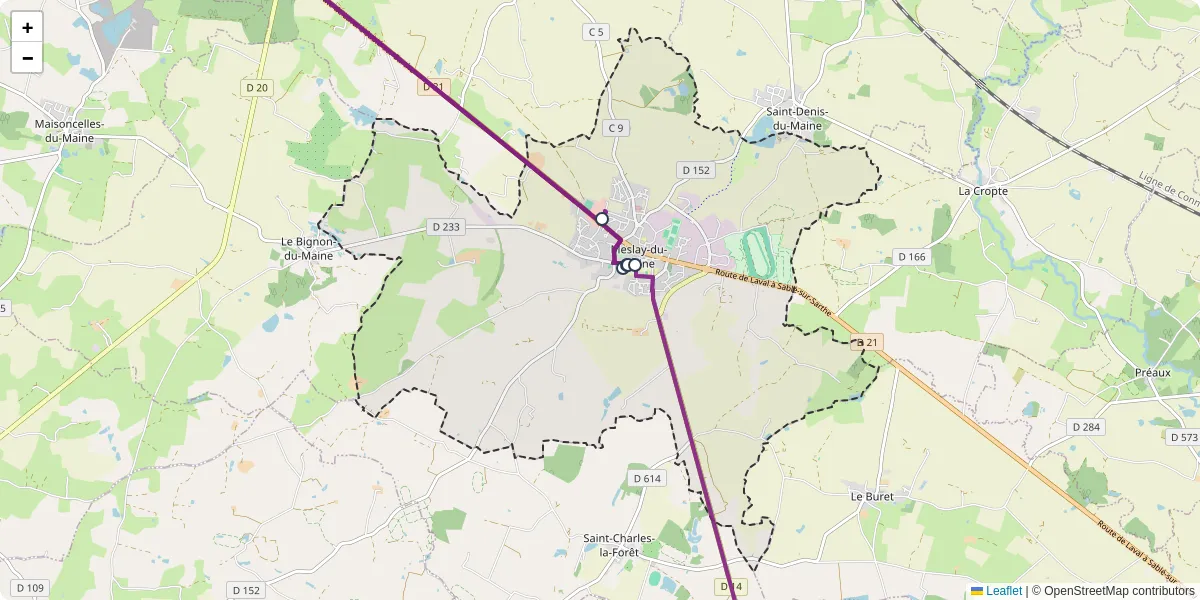 Carte du réseau de transport en commun à Meslay-du-Maine - lignes de bus et arrêts