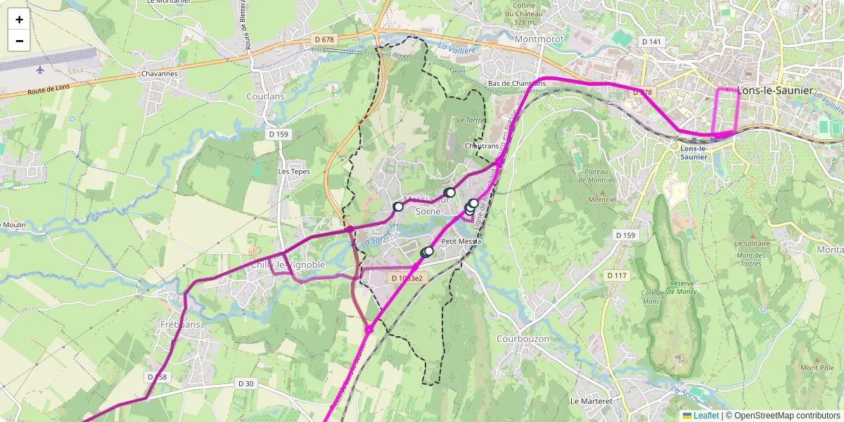 Carte du réseau de transport en commun à Messia-sur-Sorne - lignes de bus et arrêts