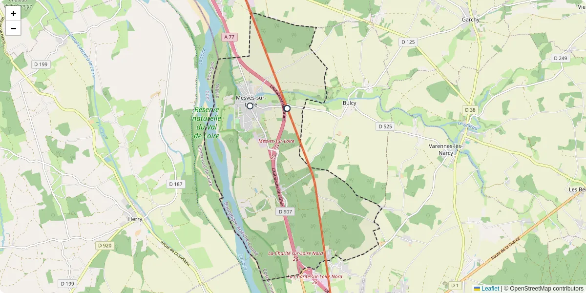 Carte du réseau de transport en commun à Mesves-sur-Loire - lignes de bus et arrêts