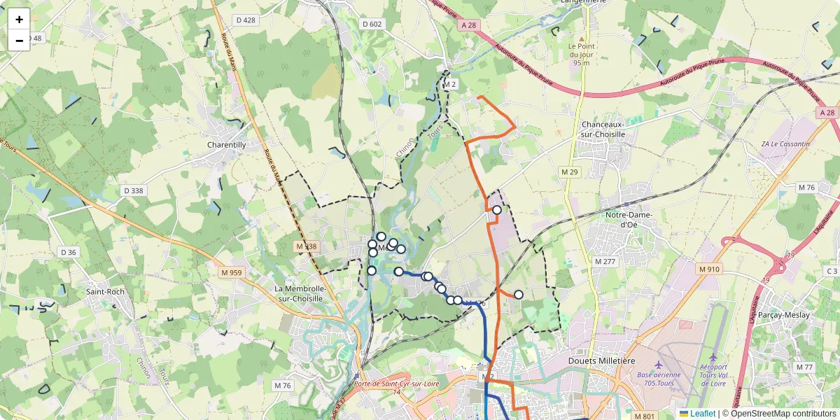 Carte du réseau de transport en commun à Mettray - lignes de bus et arrêts