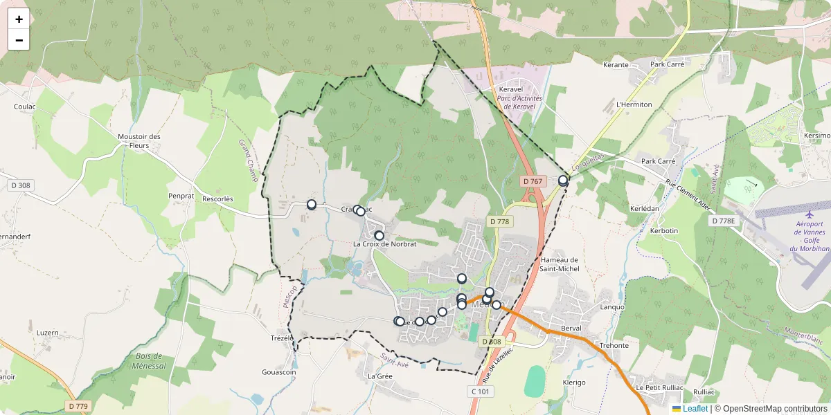 Carte du réseau de transport en commun à Meucon - lignes de bus et arrêts