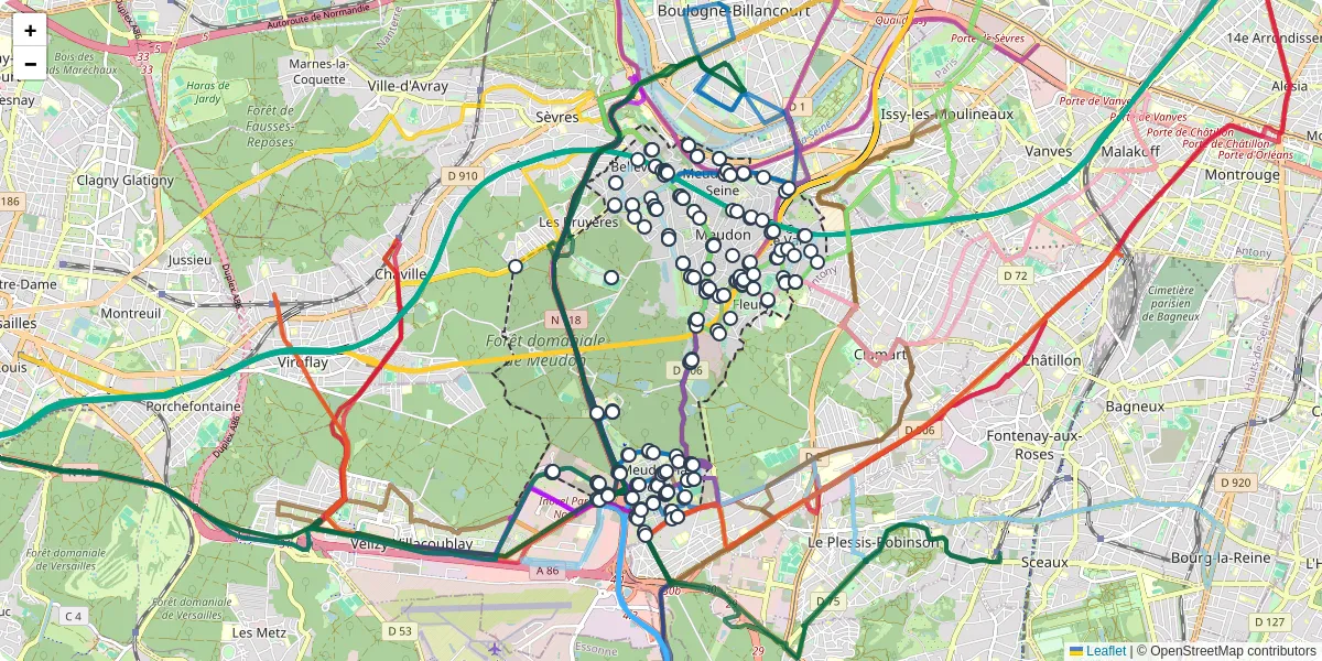 Carte du réseau de transport en commun à Meudon - lignes de bus et arrêts