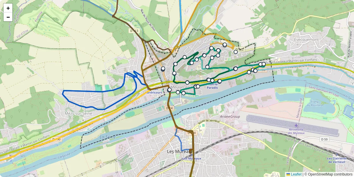Carte du réseau de transport en commun à Meulan-en-Yvelines - lignes de bus et arrêts