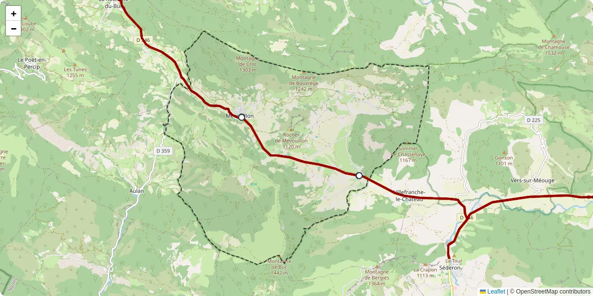 Carte du réseau de transport en commun à Mévouillon - lignes de bus et arrêts