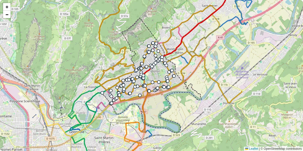 Carte du réseau de transport en commun à Meylan - lignes de bus et arrêts