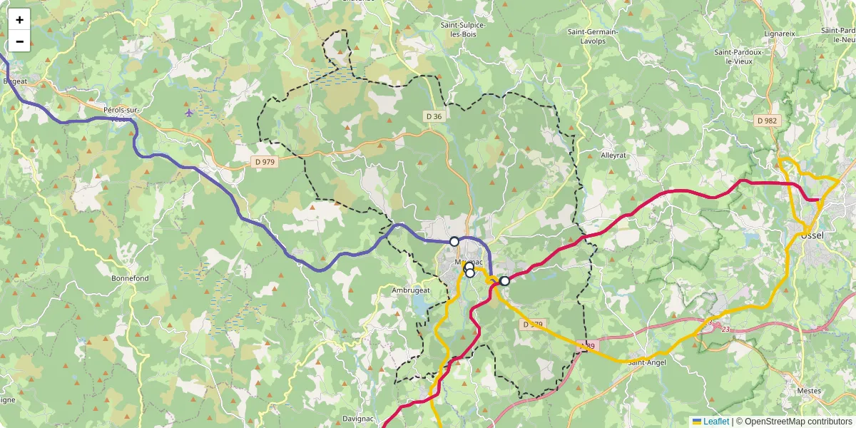 Carte du réseau de transport en commun à Meymac - lignes de bus et arrêts
