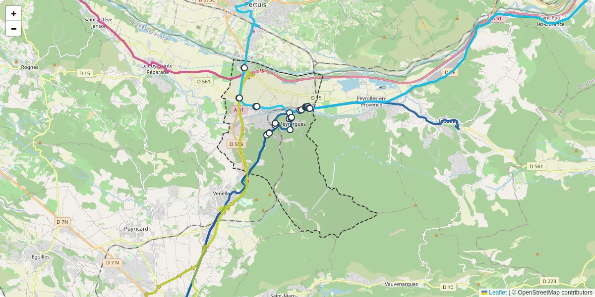 Carte du réseau de transport en commun à Meyrargues - lignes de bus et arrêts