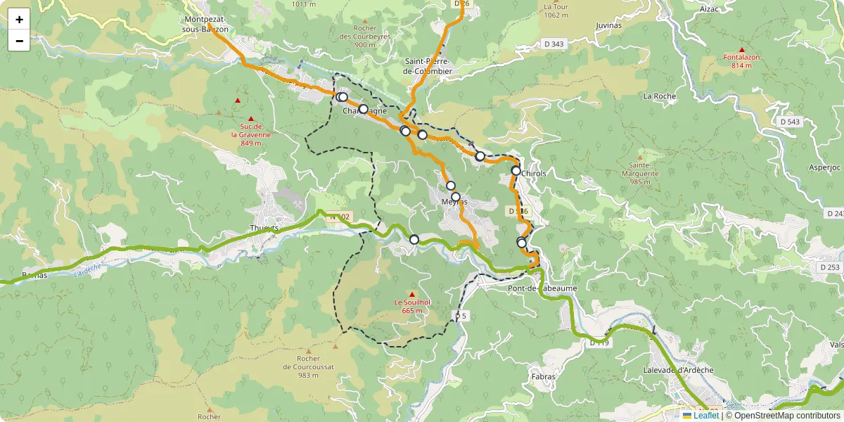 Carte du réseau de transport en commun à Meyras - lignes de bus et arrêts