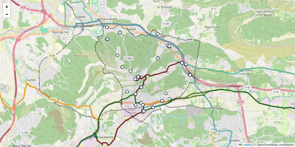 Carte du réseau de transport en commun à Meyreuil - lignes de bus et arrêts