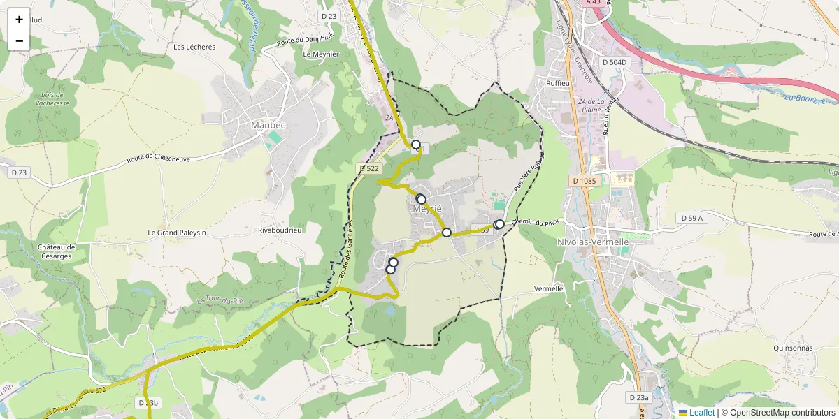 Carte du réseau de transport en commun à Meyrié - lignes de bus et arrêts