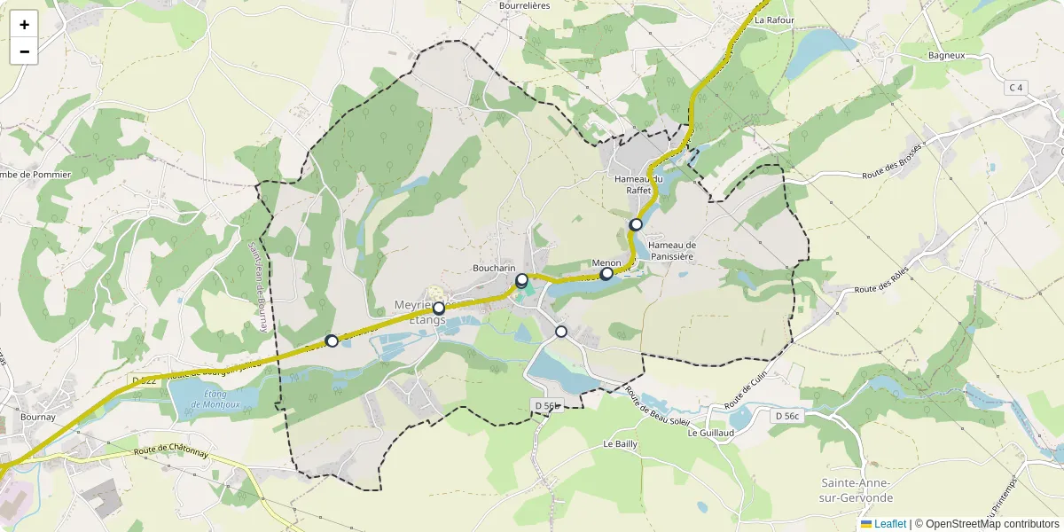 Carte du réseau de transport en commun à Meyrieu-les-Étangs - lignes de bus et arrêts