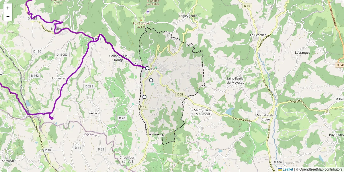 Carte du réseau de transport en commun à Meyssac - lignes de bus et arrêts