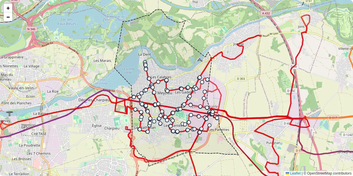 Carte du réseau de transport en commun à Meyzieu - lignes de bus et arrêts