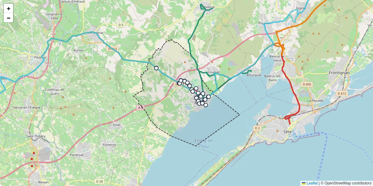 Carte du réseau de transport en commun à Mèze - lignes de bus et arrêts