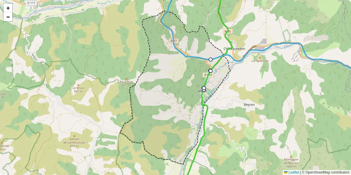 Carte du réseau de transport en commun à Mézel - lignes de bus et arrêts