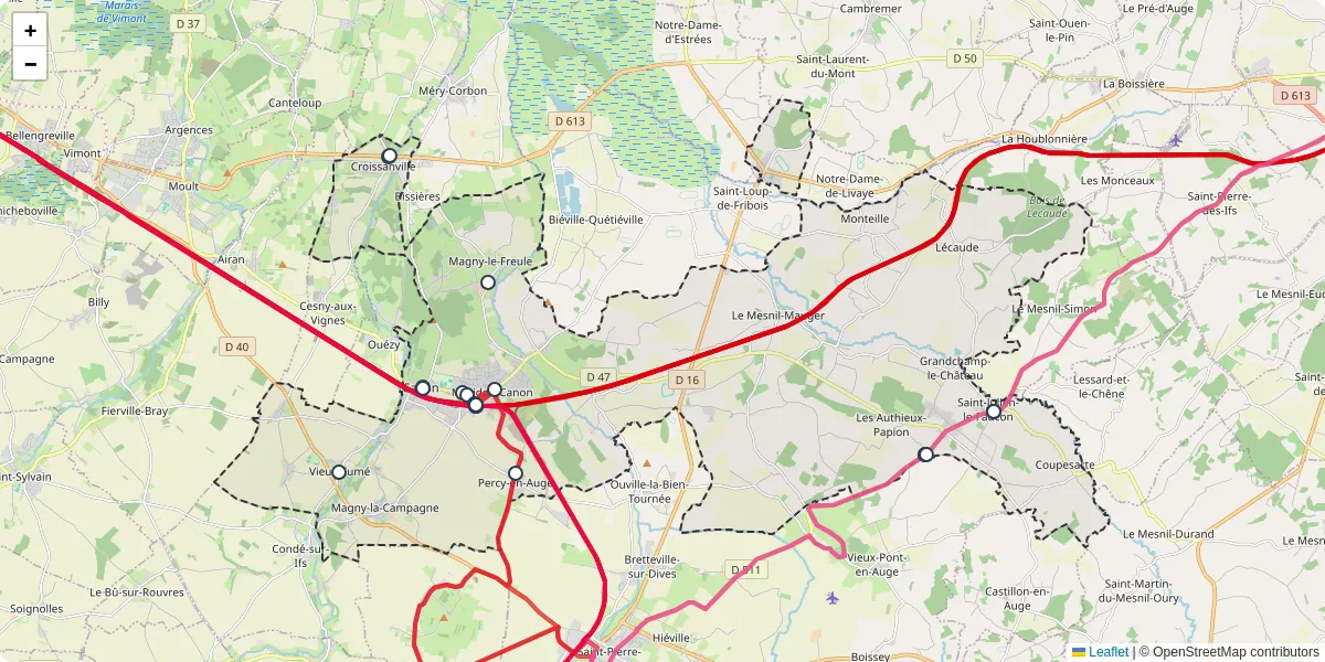 Carte du réseau de transport en commun à Mézidon Vallée d'Auge - lignes de bus et arrêts