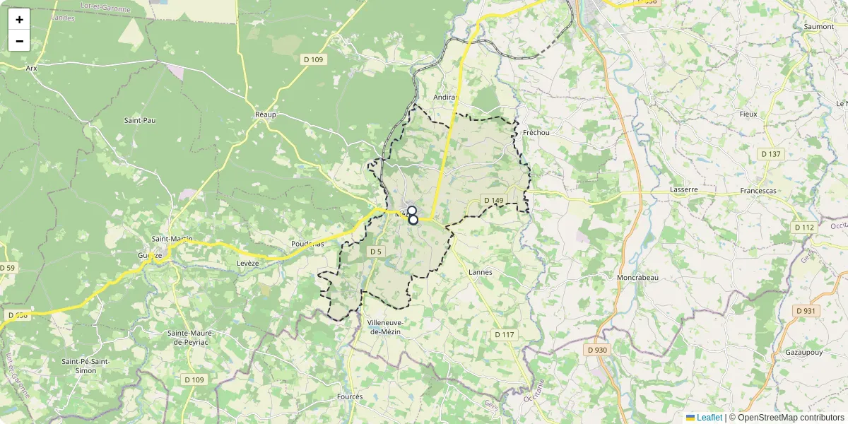 Carte du réseau de transport en commun à Mézin - lignes de bus et arrêts