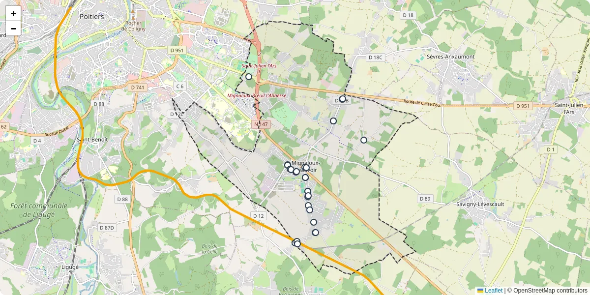 Carte du réseau de transport en commun à Mignaloux-Beauvoir - lignes de bus et arrêts