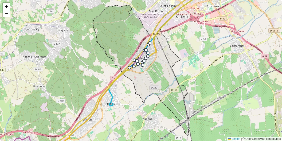 Carte du réseau de transport en commun à Milhaud - lignes de bus et arrêts