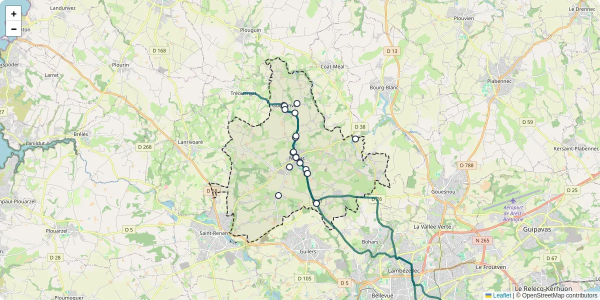 Carte du réseau de transport en commun à Milizac-Guipronvel - lignes de bus et arrêts