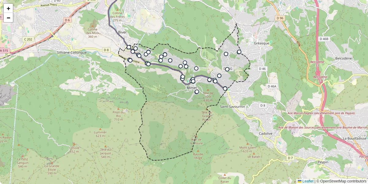 Carte du réseau de transport en commun à Mimet - lignes de bus et arrêts