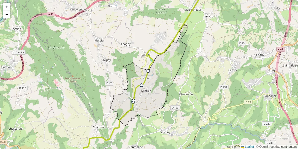 Carte du réseau de transport en commun à Minzier - lignes de bus et arrêts