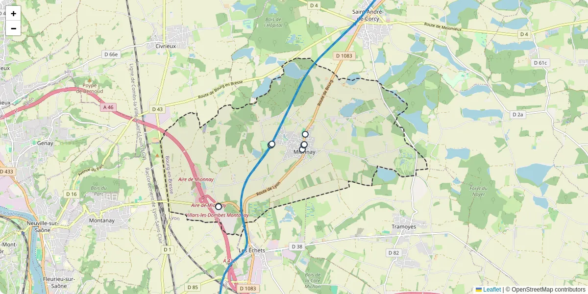 Carte du réseau de transport en commun à Mionnay - lignes de bus et arrêts